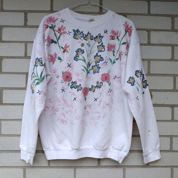 Vintage Hand Painted Bejeweled Sweatshirt White Pink Floral 44" Bust - Picture 1 of 11